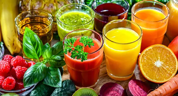 stock image Glasses with fresh organic vegetable and fruit juices. Detox diet
