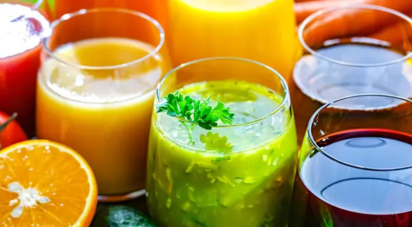 stock image Glasses with fresh organic vegetable and fruit juices. Detox diet