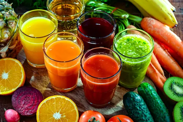 stock image Glasses with fresh organic vegetable and fruit juices. Detox diet
