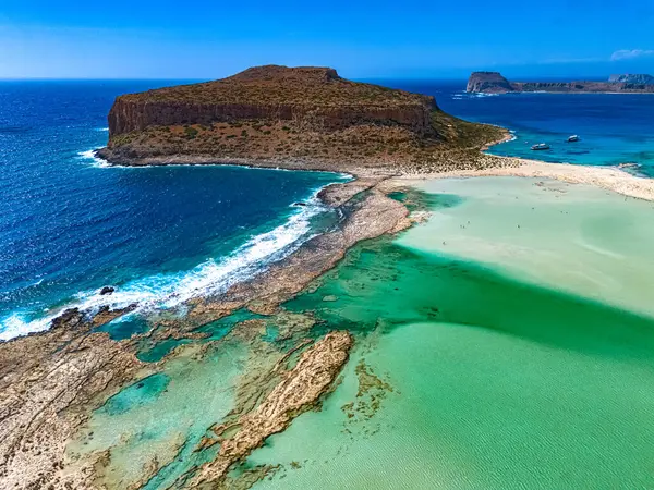 stock image Aerial view of Balos Lagoon in the municipality of Kissamos in the region of Chania, Crete, Greece