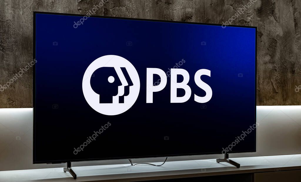 POZNAN, POL - JUL 31, 2024: Flat-screen TV set displaying logo of PBS, a public broadcaster and non-commercial, free-to-air television network based in Crystal City, Virginia, USA