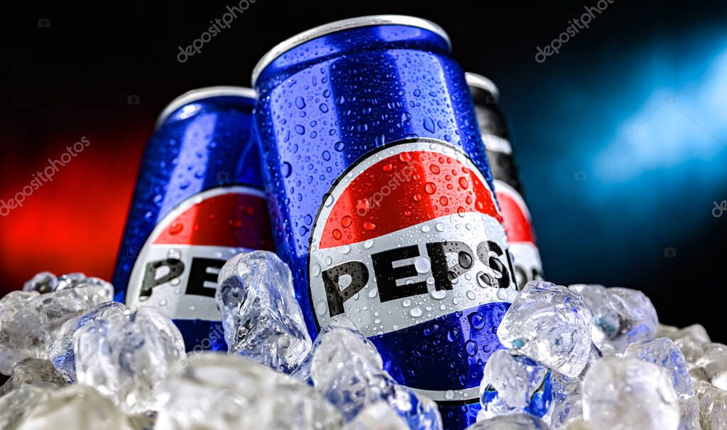 POZNAN, POL - AUG 7, 2024: Cans of Pepsi, a carbonated soft drink produced and manufactured by PepsiCo. The beverage was created and developed in 1893 under the name Brad's Drink