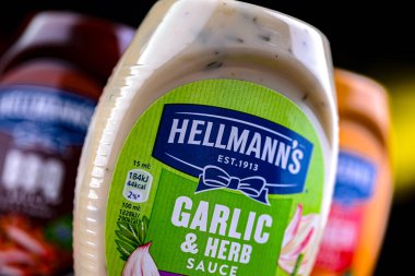 POZNAN, POL - 7 AUG 2024 Hellmann 'ın ürünleri, İngiliz çokuluslu Unilever şirketine ait Amerikan markaları