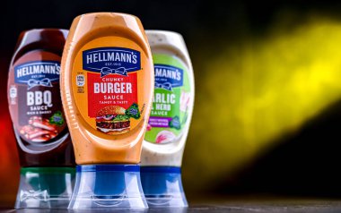 POZNAN, POL - 7 AUG 2024 Hellmann 'ın ürünleri, İngiliz çokuluslu Unilever şirketine ait Amerikan markaları