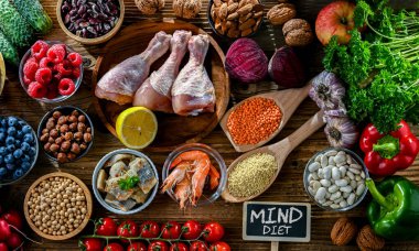 Food products representing the MIND diet created to reduce dementia and the decline in brain health. Mediterranean-DASH Intervention for Neurodegenerative Delay clipart