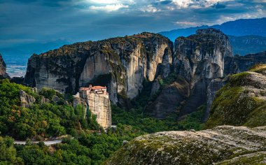 View of Meteora with Eastern Orthodox monasteries, a rock formation in the regional unit of Trikala, in Thessaly, in northwestern Greece, UNESCO World Heritage Site clipart