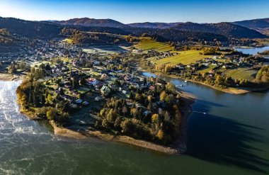 Aerial view of Lake Solina near the village of Zawoz in Bieszczady Mountains, Poland clipart