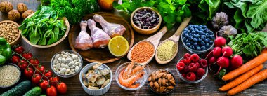 Akıl hastalığını ve beyin sağlığındaki düşüşü azaltmak için oluşturulan zihin diyetini temsil eden gıda ürünleri. Nörodejeneratif Gecikme İçin Akdeniz-DASH Müdahalesi