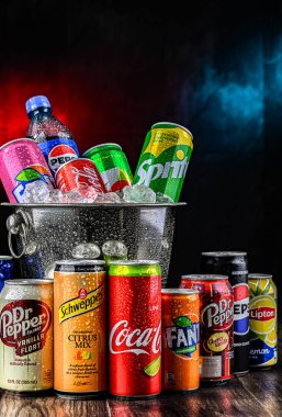 POZNAN, POL - 31, 2024: Popüler küresel meşrubat markalarının ürünleri