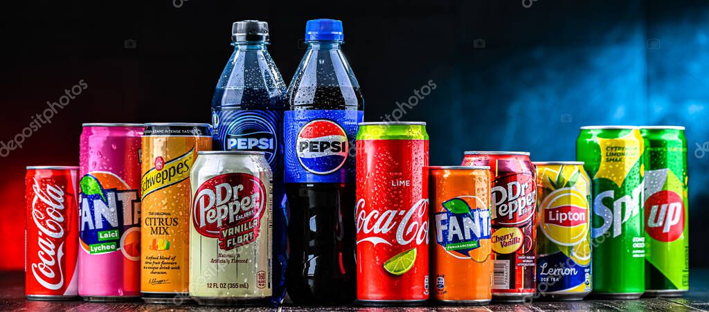 POZNAN, POL - OCT 31, 2024: Products of popular global soft drink brands
