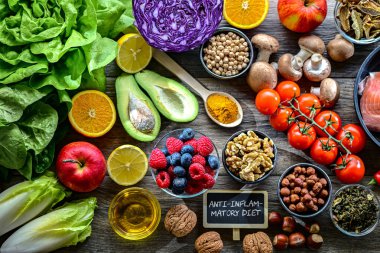 Anti-inflamatuar diyeti temsil eden gıdalar.