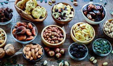 Composition with a variety of dried fruits and assorted nuts. Delicacies.
