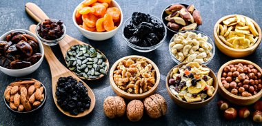 Composition with a variety of dried fruits and assorted nuts. Delicacies.