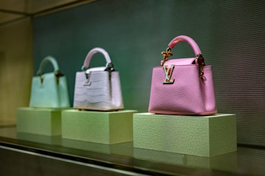 SINGAPORE - 11 Mayıs 2024: Singapur 'daki Marina Bay Sands alışveriş merkezinde Louis Vuitton moda evinde ürünler sergileniyor