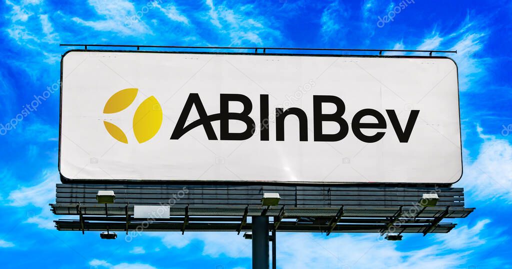 POZNAN, POL - DEC 10, 2024: Advertisement billboard displaying logo of Anheuser-Busch InBev