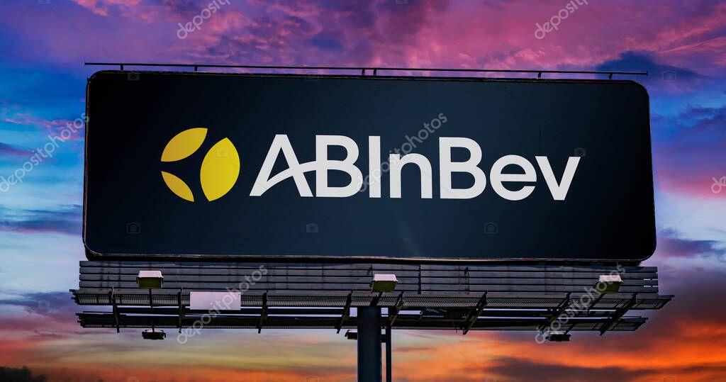 POZNAN, POL - DEC 10, 2024: Advertisement billboard displaying logo of Anheuser-Busch InBev
