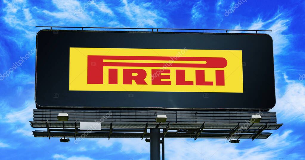 POZNAN, POL - DEC 10, 2024: Advertisement billboard displaying logo of Pirelli