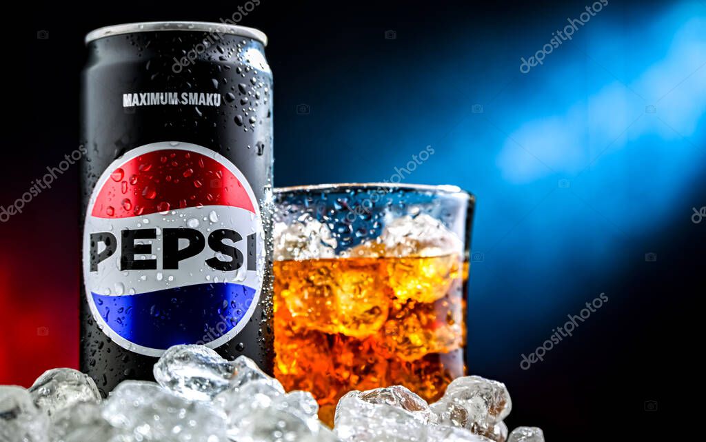 POZNAN, POL - AUG 7, 2024: Can of Pepsi, a carbonated soft drink produced and manufactured by PepsiCo. The beverage was created and developed in 1893 under the name Brad's Drink