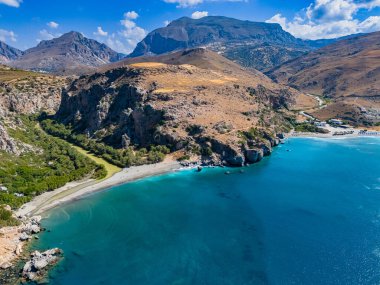 Yunanistan 'ın Girit bölgesinin Rethymno bölgesindeki Agios Vasilios belediyesine bağlı Preveli Plajı' nın hava manzarası