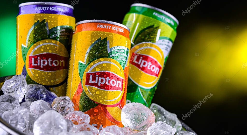 POZNAN, POL - APR 01, 2025: Cans of Lipton Ice Tea, a soft drink produced by Lipton Teas and Infusions B.V.