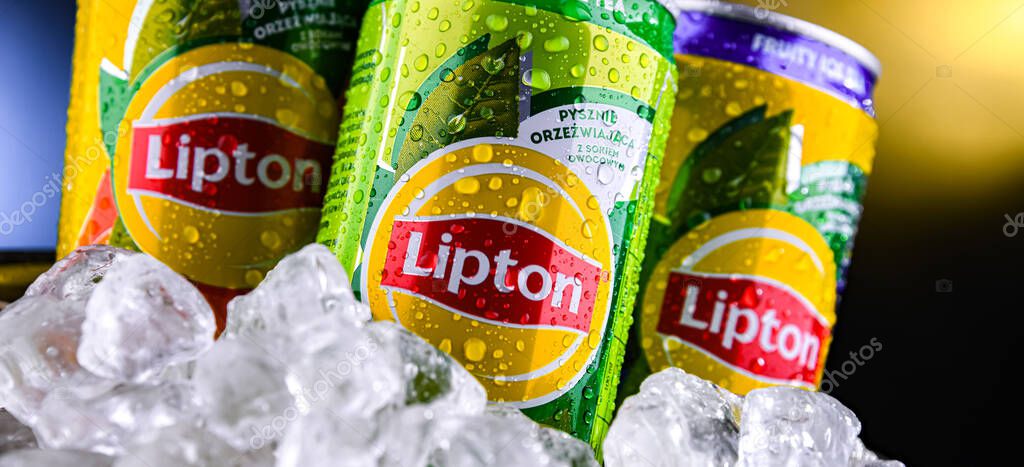 POZNAN, POL - APR 01, 2025: Cans of Lipton Ice Tea, a soft drink produced by Lipton Teas and Infusions B.V.