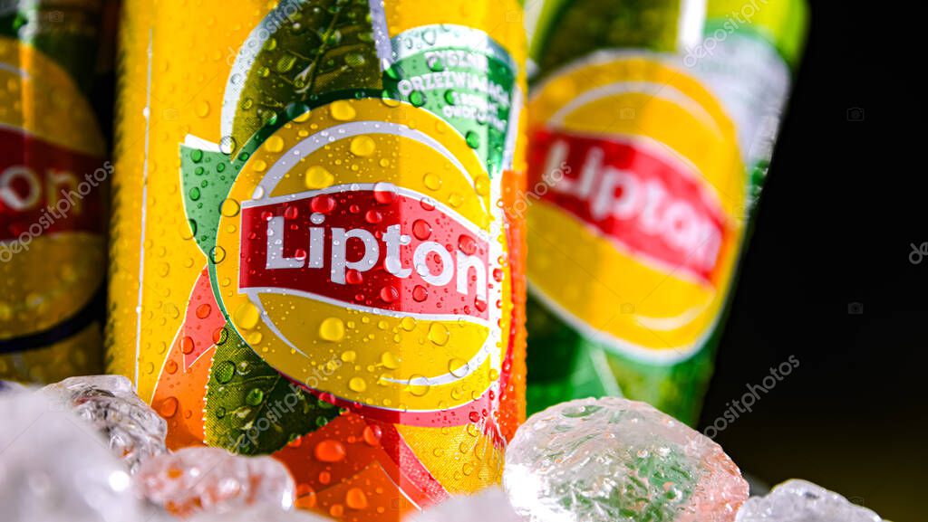 POZNAN, POL - APR 01, 2025: Cans of Lipton Ice Tea, a soft drink produced by Lipton Teas and Infusions B.V.