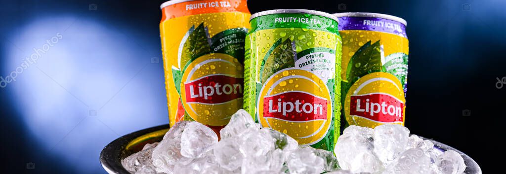 POZNAN, POL - APR 01, 2025: Cans of Lipton Ice Tea, a soft drink produced by Lipton Teas and Infusions B.V.