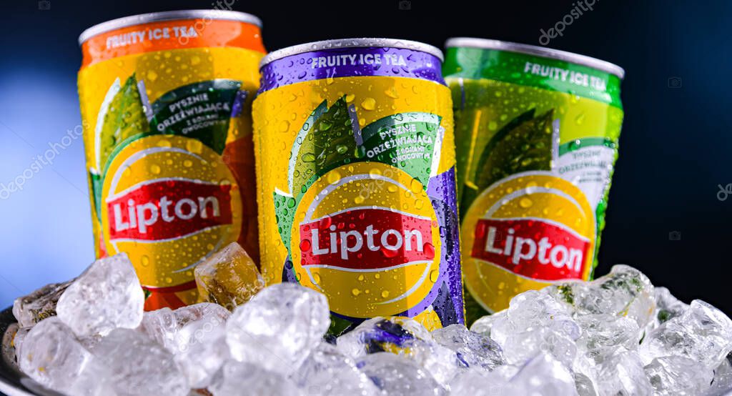 POZNAN, POL - APR 01, 2025: Cans of Lipton Ice Tea, a soft drink produced by Lipton Teas and Infusions B.V.