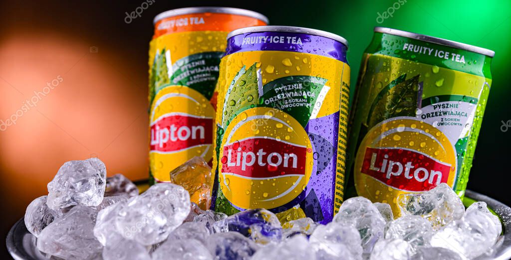 POZNAN, POL - APR 01, 2025: Cans of Lipton Ice Tea, a soft drink produced by Lipton Teas and Infusions B.V.