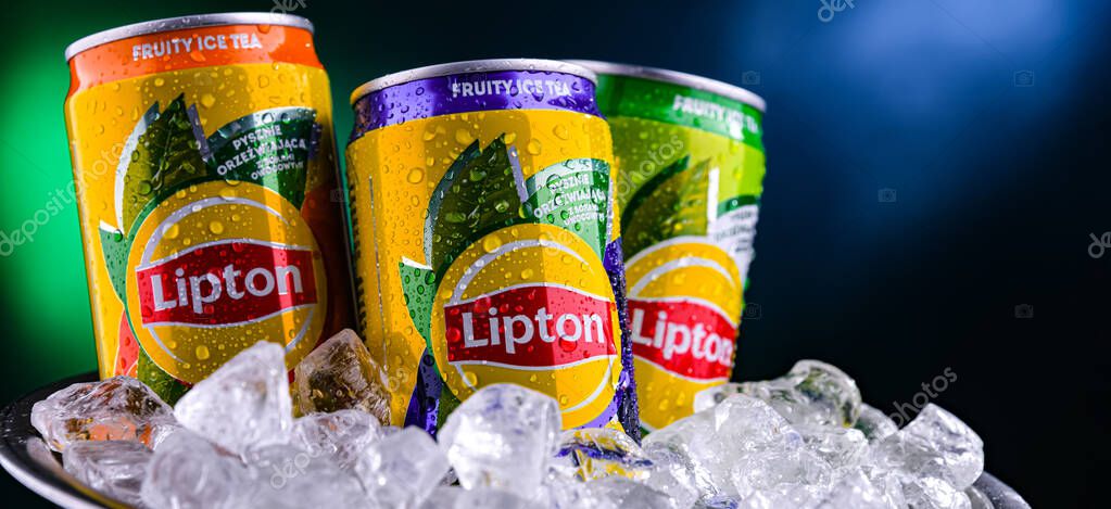 POZNAN, POL - APR 01, 2025: Cans of Lipton Ice Tea, a soft drink produced by Lipton Teas and Infusions B.V.