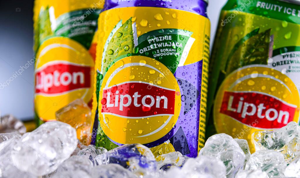 POZNAN, POL - APR 01, 2025: Cans of Lipton Ice Tea, a soft drink produced by Lipton Teas and Infusions B.V.