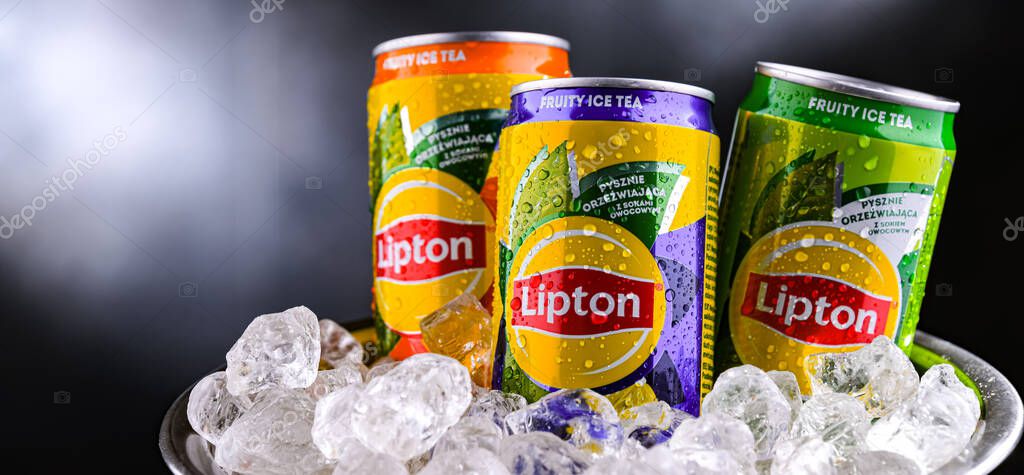 POZNAN, POL - APR 01, 2025: Cans of Lipton Ice Tea, a soft drink produced by Lipton Teas and Infusions B.V.