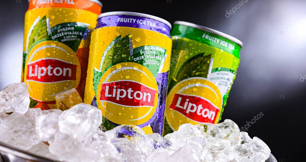POZNAN, POL - APR 01, 2025: Cans of Lipton Ice Tea, a soft drink produced by Lipton Teas and Infusions B.V.