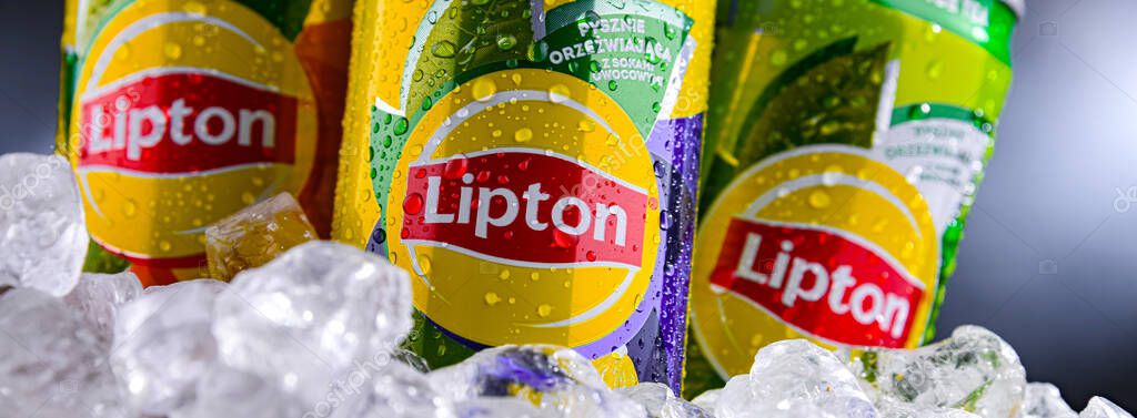 POZNAN, POL - APR 01, 2025: Cans of Lipton Ice Tea, a soft drink produced by Lipton Teas and Infusions B.V.