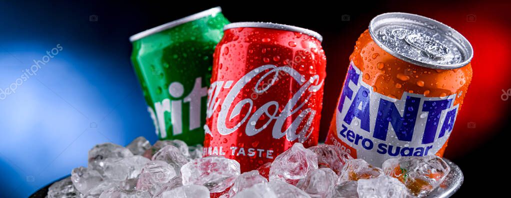 POZNAN, POL - APR 02, 2025: Flagship products of The Coca-Cola Company: Coca-Cola, Fanta and Sprite