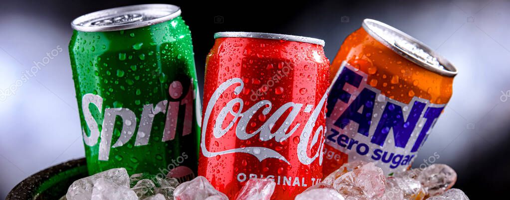 POZNAN, POL - APR 02, 2025: Flagship products of The Coca-Cola Company: Coca-Cola, Fanta and Sprite