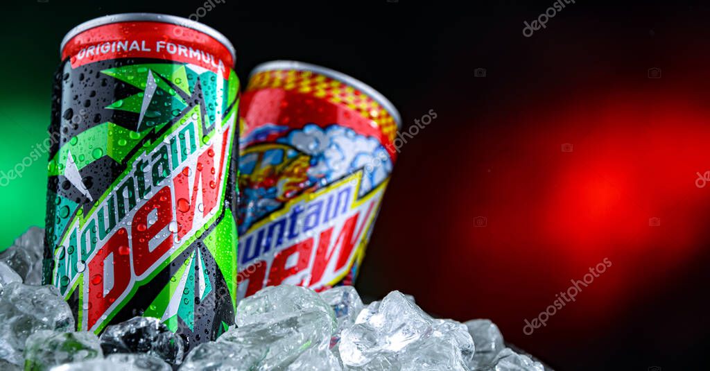 POZNAN, POL - APR 02, 2025: Cans of Mountain Dew, a brand of carbonated soft drink distributed by PepsiCo
