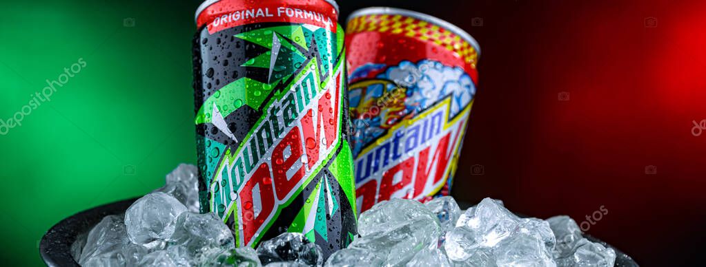 POZNAN, POL - APR 02, 2025: Cans of Mountain Dew, a brand of carbonated soft drink distributed by PepsiCo