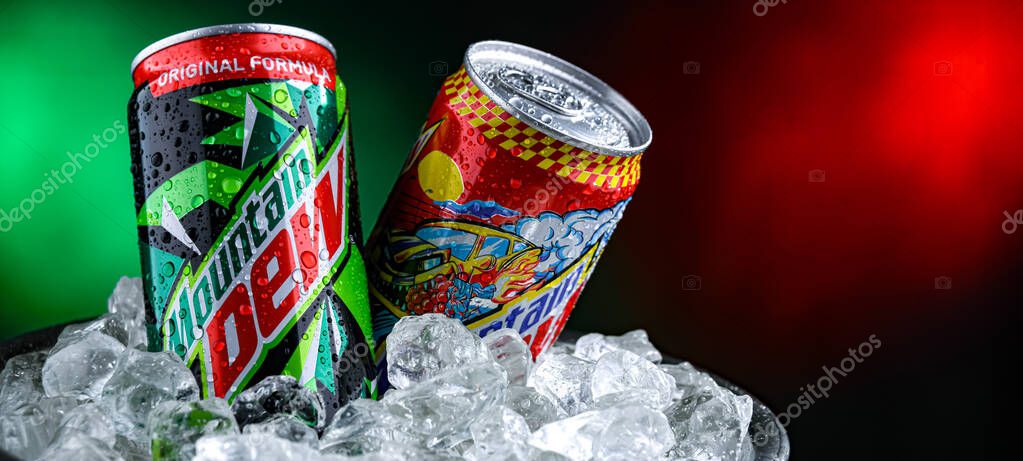 POZNAN, POL - APR 02, 2025: Cans of Mountain Dew, a brand of carbonated soft drink distributed by PepsiCo