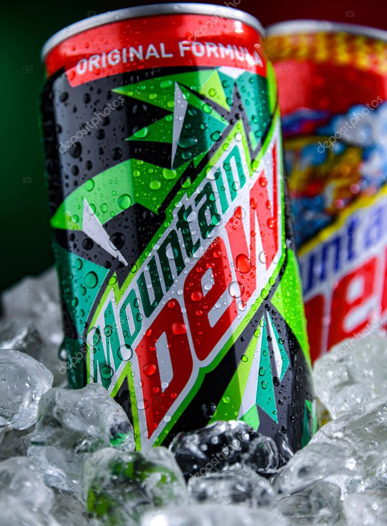 POZNAN, POL - APR 02, 2025: Cans of Mountain Dew, a brand of carbonated soft drink distributed by PepsiCo