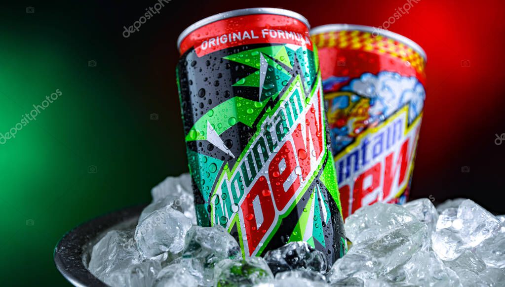 POZNAN, POL - APR 02, 2025: Cans of Mountain Dew, a brand of carbonated soft drink distributed by PepsiCo