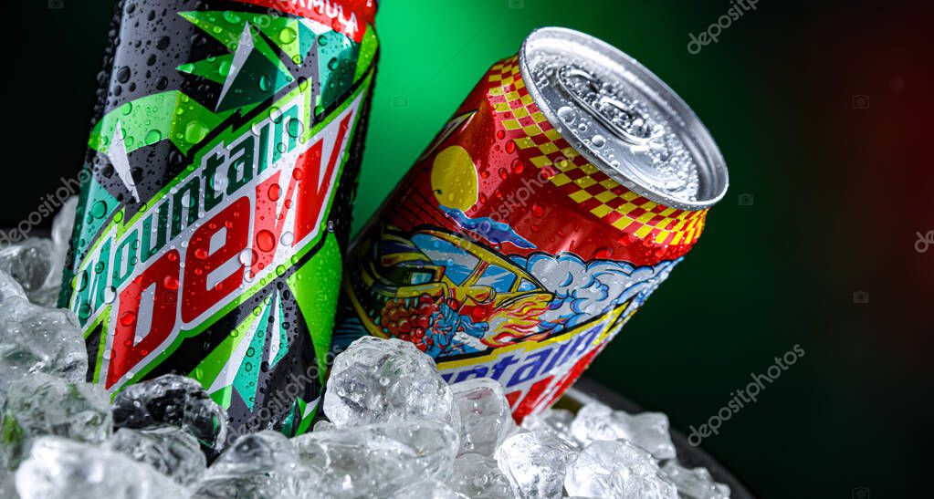 POZNAN, POL - APR 02, 2025: Cans of Mountain Dew, a brand of carbonated soft drink distributed by PepsiCo