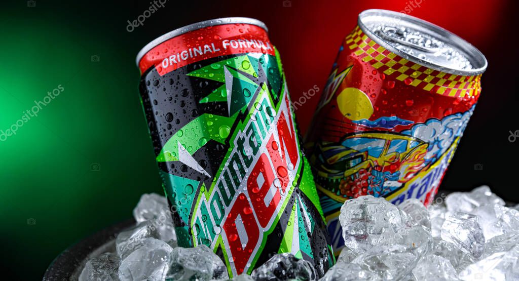 POZNAN, POL - APR 02, 2025: Cans of Mountain Dew, a brand of carbonated soft drink distributed by PepsiCo