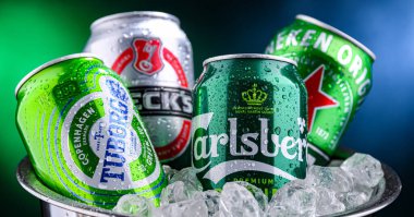 POZNAN, POL - 04 Nisan 2025: Popüler küresel bira markalarının kutuları: Carlsberg, Heineken, Becks ve Tuborg