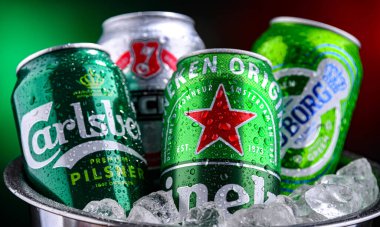 POZNAN, POL - 04 Nisan 2025: Popüler küresel bira markalarının kutuları: Carlsberg, Heineken, Becks ve Tuborg
