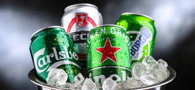 POZNAN, POL - 04 Nisan 2025: Popüler küresel bira markalarının kutuları: Carlsberg, Heineken, Becks ve Tuborg