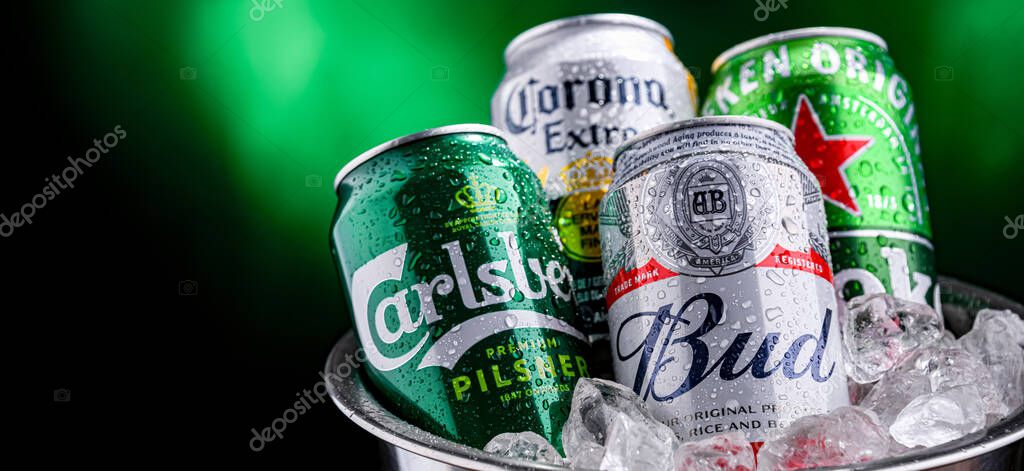 POZNAN, POL - APR 04, 2025: Cans of popular global beer brands: Carlsberg, Heineken, Bud and Corona