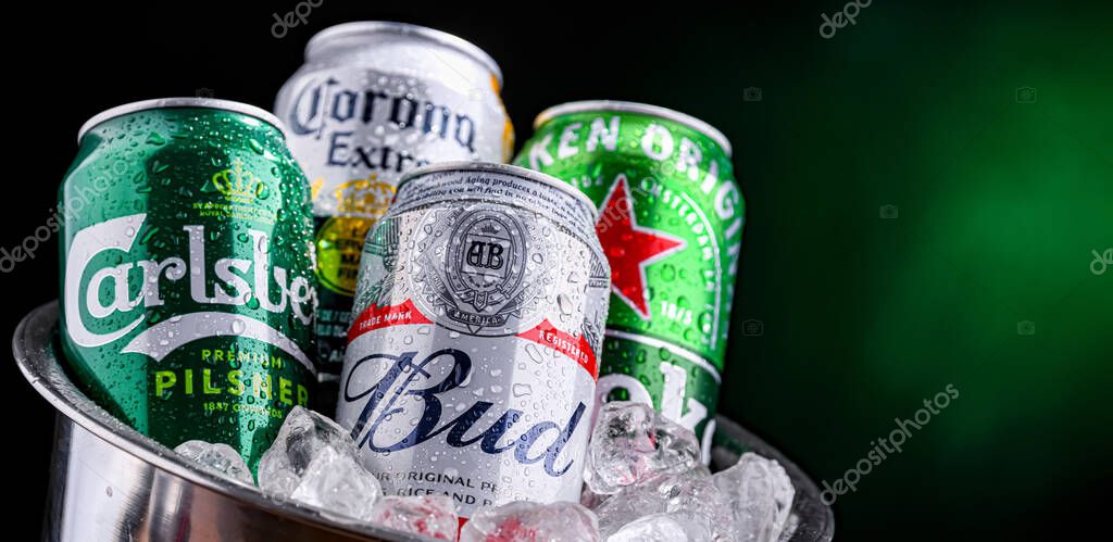 POZNAN, POL - APR 04, 2025: Cans of popular global beer brands: Carlsberg, Heineken, Bud and Corona