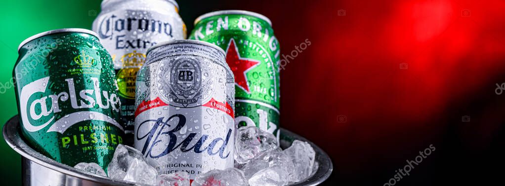 POZNAN, POL - APR 04, 2025: Cans of popular global beer brands: Carlsberg, Heineken, Bud and Corona