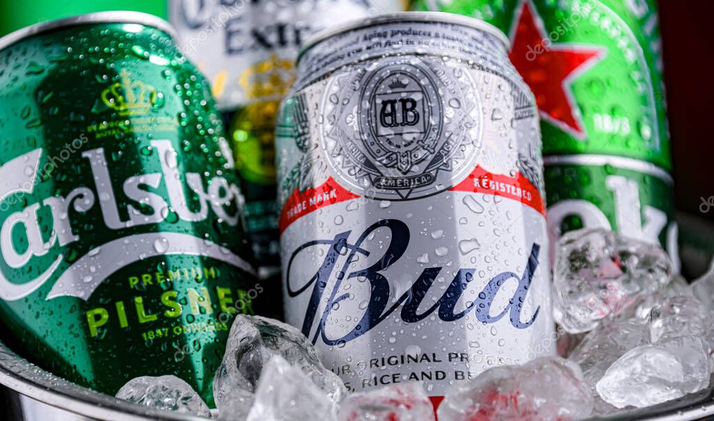 POZNAN, POL - APR 04, 2025: Cans of popular global beer brands: Carlsberg, Heineken, Bud and Corona